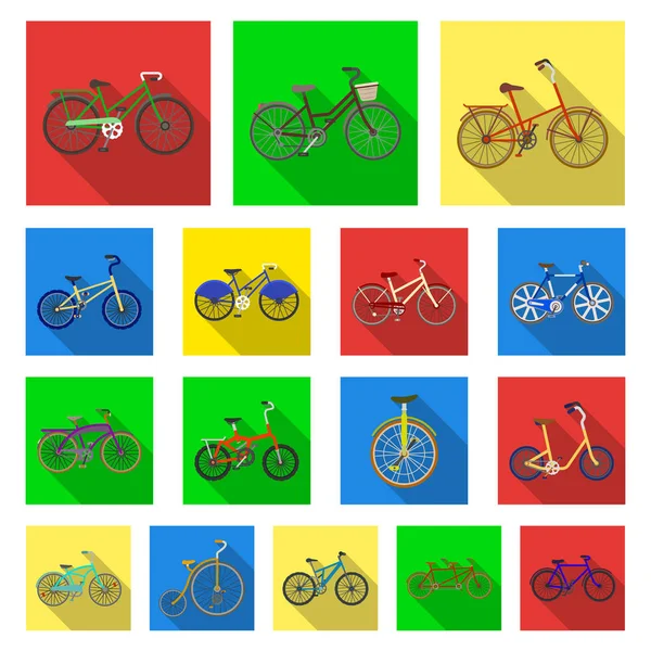 Varias bicicletas iconos planos en la colección de conjuntos para el diseño. El tipo de vector de transporte símbolo stock web ilustración . — Archivo Imágenes Vectoriales