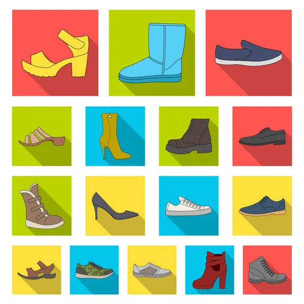 Diferentes zapatos iconos planos en la colección de conjuntos para el diseño. Hombres y mujeres zapatos vector símbolo stock web ilustración . — Vector de stock