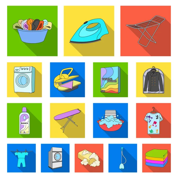 Dry cleaning equipment flat icons in set collection for design. Washing and ironing clothes vector symbol stock web illustration. — Stock Vector