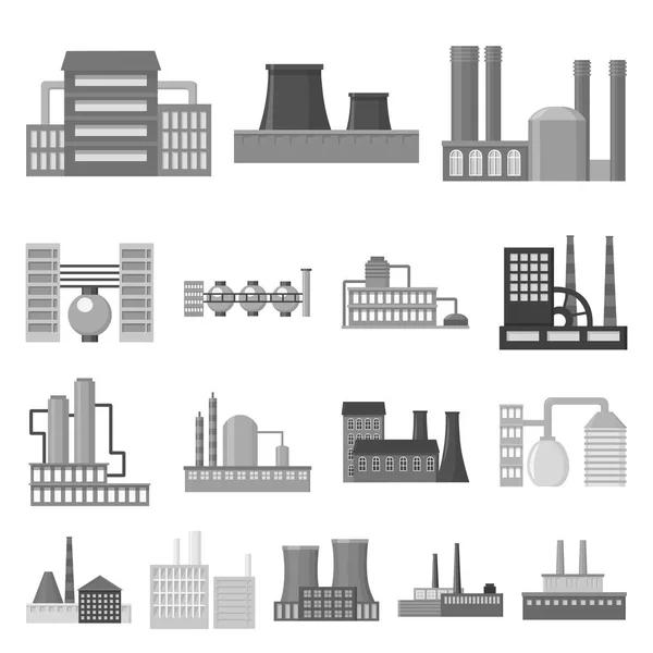 Fabriek en faciliteiten zwart-wit pictogrammen in set collectie voor design. Fabriek en apparatuur symbool voorraad web vectorillustratie. — Stockvector