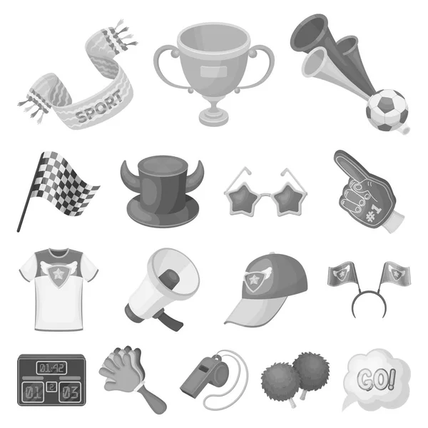Fläkt och attribut svartvita ikoner i set insamling för design. Sport fläkt vektor symbol lager web illustration. — Stock vektor