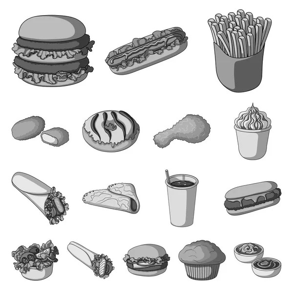 Fast food ícones monocromáticos na coleção de conjuntos para design.Food de produtos semi-acabados símbolo vetorial ilustração web estoque . — Vetor de Stock