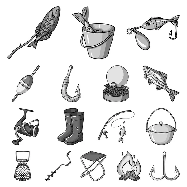 Рыбалка и отдых монохромные иконы в коллекции наборов для дизайна. Снасти для веб-иллюстрации векторных символов рыбалки . — стоковый вектор