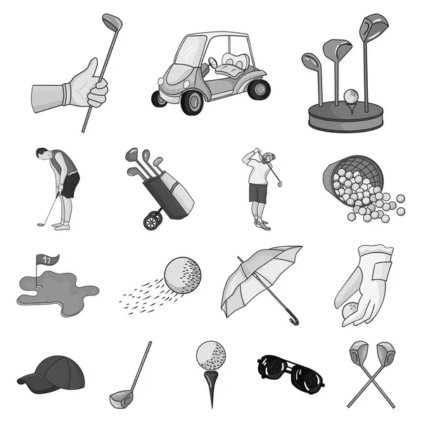 Golf and attributes monochrome icons in set collection for design.Golf Club and equipment vector symbol stock web illustration. — Stock Vector