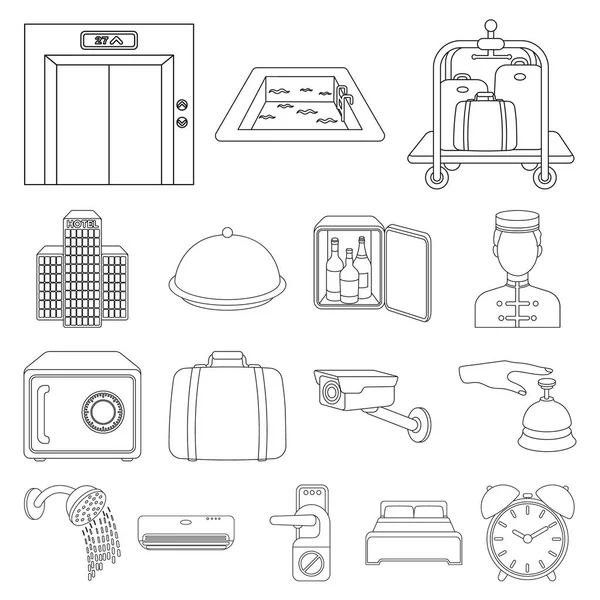 디자인에 대 한 설정된 컬렉션에 호텔 및 장비 개요 아이콘. 호텔 및 컴 포트 벡터 기호 재고 웹 일러스트 레이 션. — 스톡 벡터