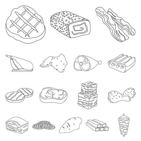 Différentes icônes de contour de viande dans la collection définie pour le design. Viande produit vecteur symbole stock web illustration . — Image vectorielle