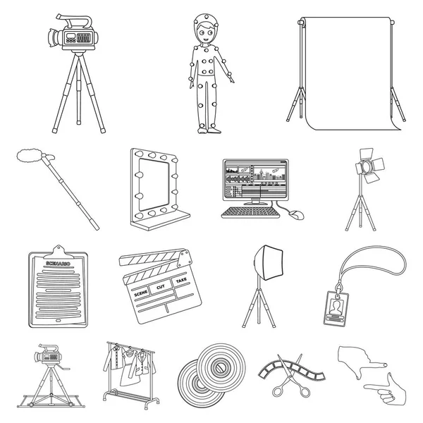 Bir film anahat simgeleri set koleksiyonu tasarım için yapma. Öznitelikleri ve ekipman sembol stok web illüstrasyon vektör.