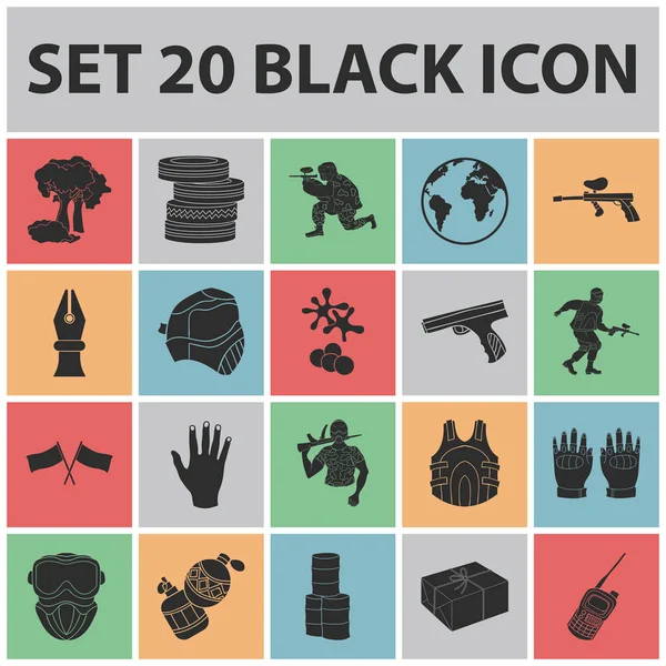 Paintball, csapat játék fekete ikonok beállítása gyűjtemény a design. Berendezés és felszerelés vektor szimbólum állomány honlap illusztráció. — Stock Vector
