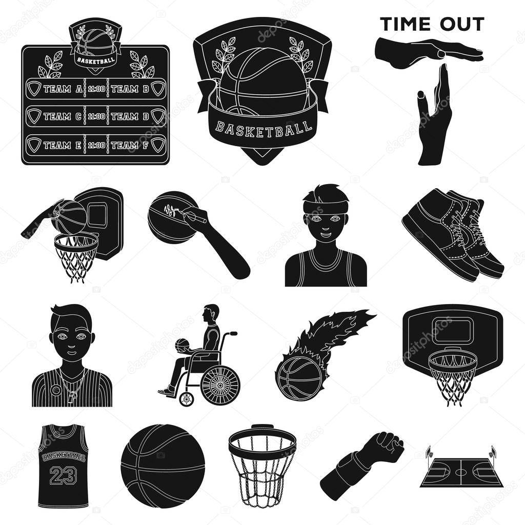 Basketball and attributes black icons in set collection for design.Basketball player and equipment vector symbol stock  illustration.
