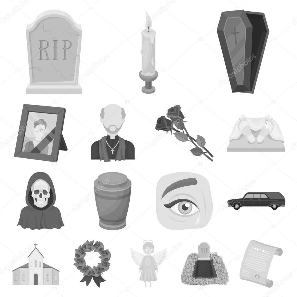 Funeral ceremony monochrome icons in set collection for design. Funerals and Attributes vector symbol stock  illustration.