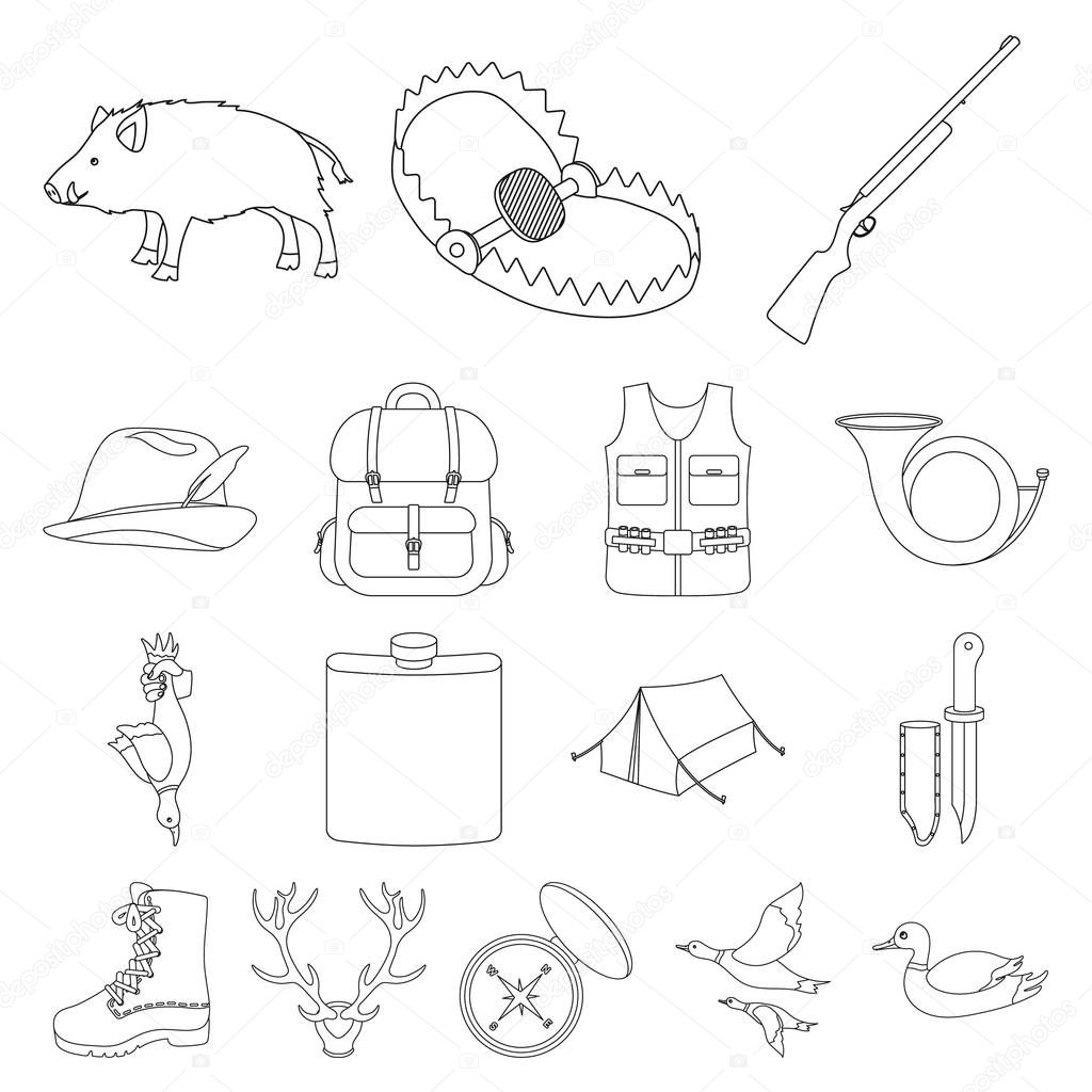 Hunting and trophy outline icons in set collection for design. Hunting and equipment vector symbol stock web illustration.