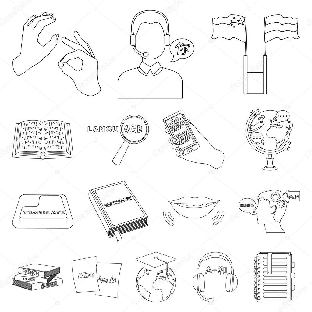 Translator and linguist outline icons in set collection for design. Interpreter vector symbol stock web illustration.