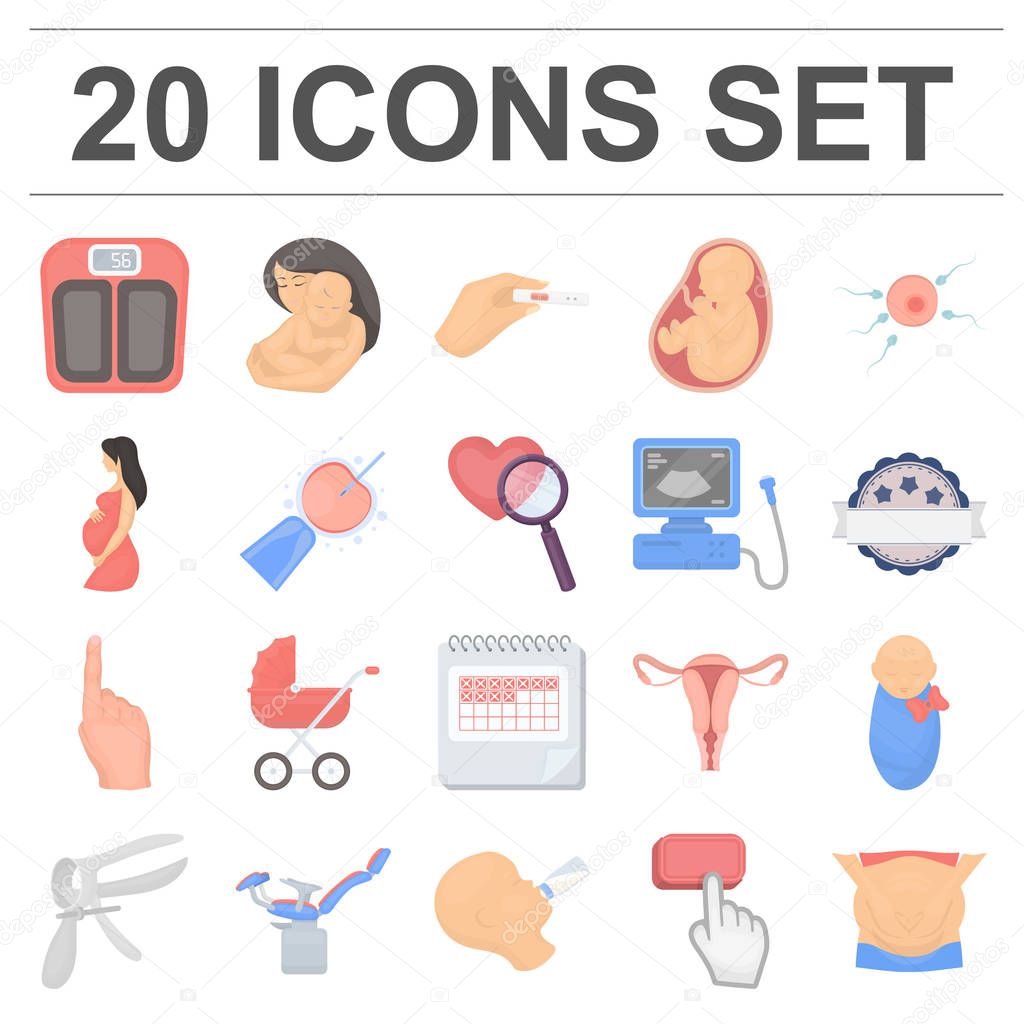 Woman and pregnancy cartoon icons in set collection for design. Gynecology and equipment vector symbol stock web illustration.