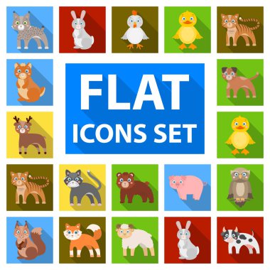 Oyuncak hayvanlar set koleksiyonu tasarım için simgeleri düz. Kuş, predator ve otobur sembol stok web illüstrasyon vektör.