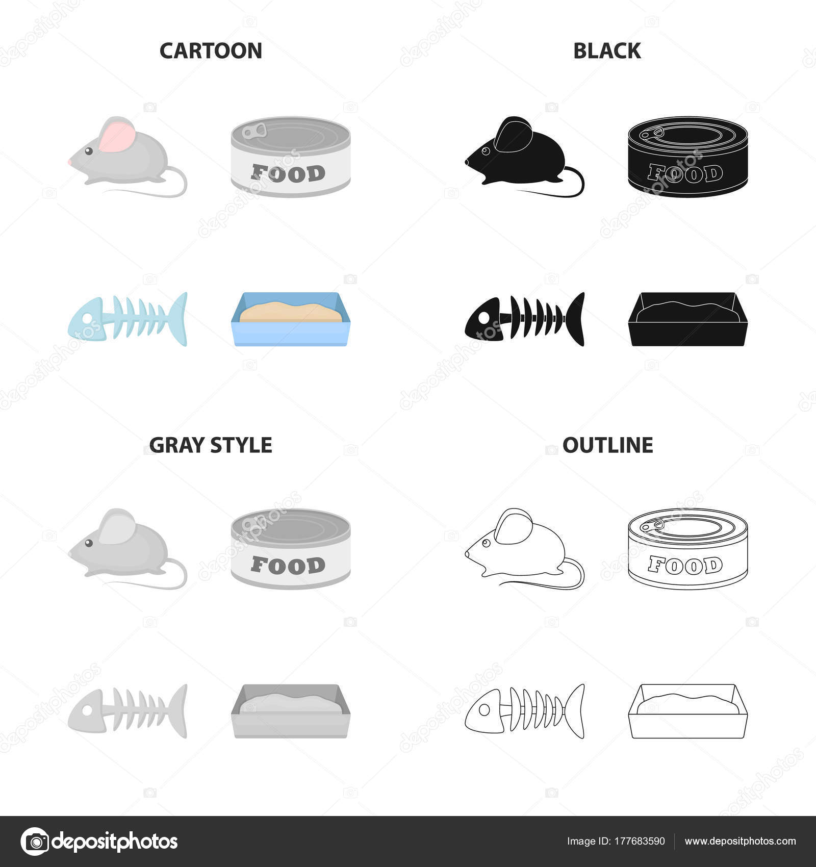 マウスのグッズ ペットのえさ 魚の骨 猫トイレ 猫漫画白黒黒のアウトライン スタイル ベクトル シンボル ストック イラスト Web コレクションのアイコンを設定 ストックベクター C Pandavector