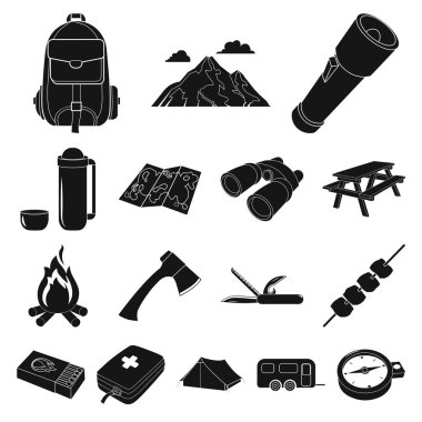 Siyah kamp Icons set koleksiyonu tasarım için bekletin. Kamp ve ekipman sembol stok web illüstrasyon vektör.