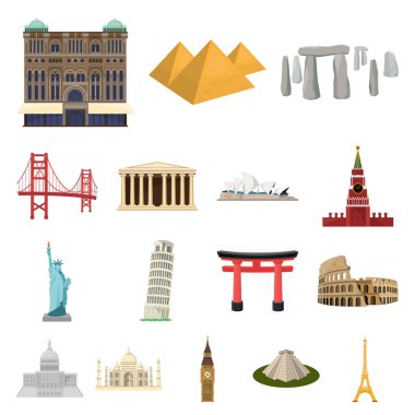 Farklı ülkelerin sights set koleksiyonu tasarım için simgeleri karikatür. Ünlü bina sembol stok web illüstrasyon vektör.