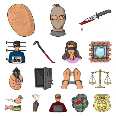 Suç ve ceza set koleksiyonu tasarım için simgeleri karikatür. Suç vektör simge stok web çizim.