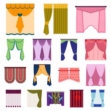 Perde çeşitleri set koleksiyonu tasarım için simgeleri karikatür. Perdeler ve Saçakların sembol stok web illüstrasyon vektör.
