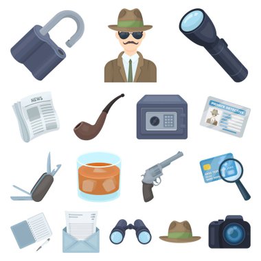 Dedektif ve öznitelikleri set koleksiyonu tasarım için simgeleri karikatür. Dedektif ajansı vektör simge stok web çizim.