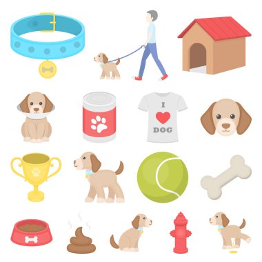 Köpek karikatür simgeleri set koleksiyonu tasarım için evde beslenen hayvan. Köpek yavrusu vektör simge stok web çizim için bakım.