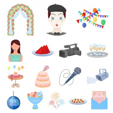 Set koleksiyonu tasarım için olay organizasyon karikatür simgeler. Kutlama ve öznitelikleri sembol stok web illüstrasyon vektör.