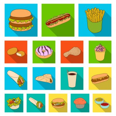 Fast food set koleksiyonu tasarım için düz simgeler. Yarı bitmiş ürünler gıdalardan sembol stok web illüstrasyon vektör.