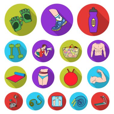 Fitness ve öznitelikleri set koleksiyonu tasarım için simgeleri düz. Fitness Ekipmanları vektör simge stok web çizim.