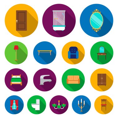 Mobilya ve enteriyör düz simgeler set koleksiyonu tasarım için. Ev mobilyaları vektör simge stok web çizimi.
