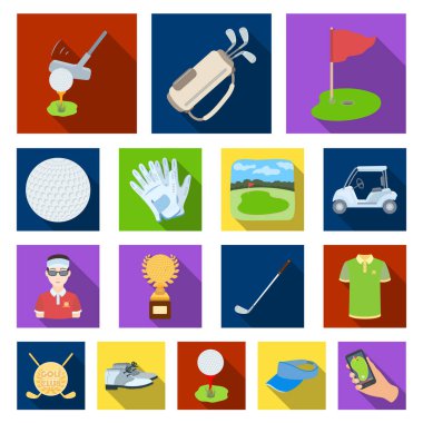 Golf ve öznitelikleri set koleksiyonu tasarım için simgeleri düz. Golf Kulübü ve ekipman sembol stok web illüstrasyon vektör.