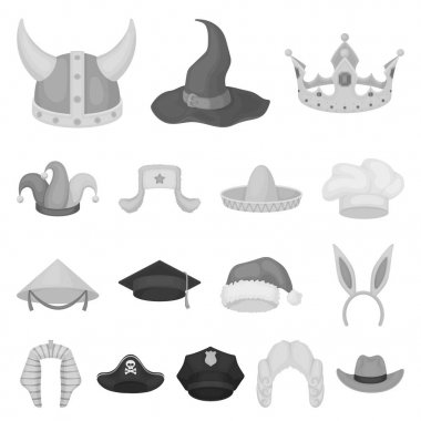 Set koleksiyonu tasarım için şapka tek renkli simgeler farklı türde. Headdress vektör simge stok web çizimi.