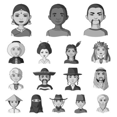 Set koleksiyonu tasarım için insan ırkının tek renkli simgeler. İnsanlar ve milliyet sembolü hisse senedi web illüstrasyon vektör.