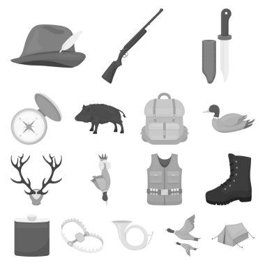 Avcılık ve kupa tek renkli simgeler set koleksiyonu tasarım için. Avcılık ve ekipman sembol stok web illüstrasyon vektör.