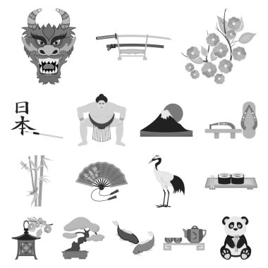 Ülke Japonya set koleksiyonu tasarım için tek renkli simgeler. Japonya ve dönüm noktası sembol stok web illüstrasyon vektör.