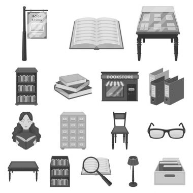 Kütüphane ve kitap tek renkli simgeler set koleksiyonu tasarım için. Kitap ve mobilyalar sembol stok web illüstrasyon vektör.