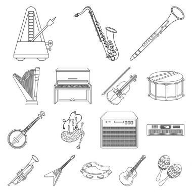 Müzik aleti anahat simgeleri set koleksiyonu tasarım için. Sembol stok web illüstrasyon vektör dize ve Nefesli/Üflemeli Saz.