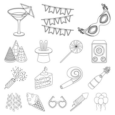 Set koleksiyonu tasarım için parti, eğlence anahat simgeleri. Vektör simge stok web illüstrasyon kutlama ve tedavi.