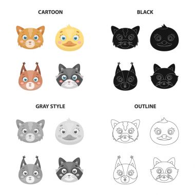 Farklı tür hayvanlar, kedi namlu, ördekler, sincap ve rakunlar. Hayvan namlu toplama simgeler çizgi film siyah tek renkli anahat stili vektör simge stok çizim web içinde ayarla..