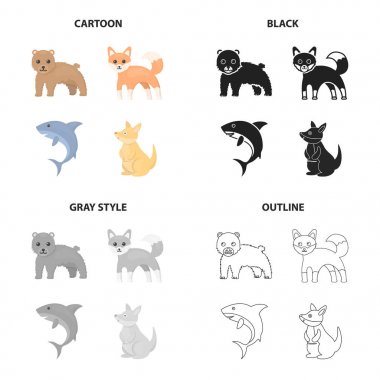 Vahşi hayvan ayı, kurt gibi aç köpekbalığı, kanguru, kurnaz tilki. Hayvan toplama simgeler çizgi film siyah tek renkli anahat stili vektör simge stok çizim web içinde ayarla..