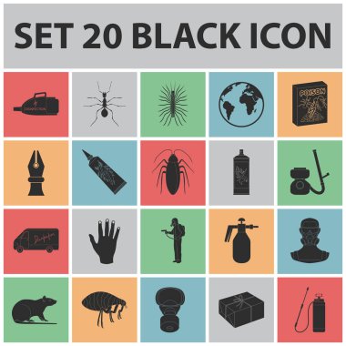 Pest, poison, personnel and equipment black icons in set collection for design. Pest control service vector symbol stock web illustration. clipart