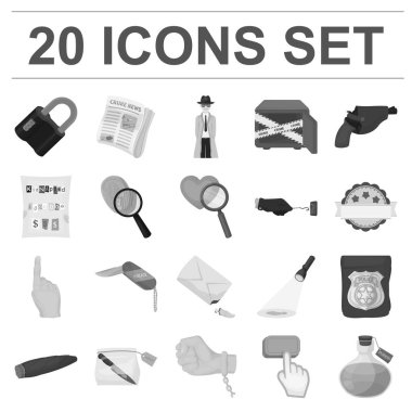 Dedektiflik Bürosu set koleksiyonu tasarım için tek renkli simgeler. Suç ve soruşturma sembol stok web illüstrasyon vektör.