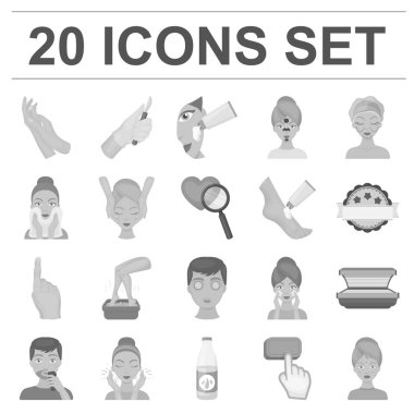 Cilt Bakımı set koleksiyonu tasarım için tek renkli simgeler. Yüz ve vücut sembol stok web illüstrasyon vektör.