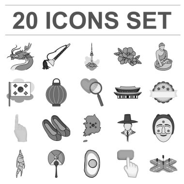 Ülkenin Güney Kore set koleksiyonu tasarım için tek renkli simgeler. Seyahat ve cazibe simge stok web illüstrasyon vektör.