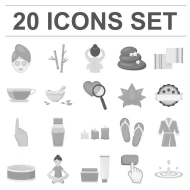 Spa salonu ve ekipmanları tek renkli simgeler set koleksiyonu tasarım için. Rahatlama ve dinlenme sembol stok web illüstrasyon vektör.