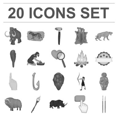 Taş Devri tek renkli simgeler set koleksiyonu tasarım için hayatta. Eski insanlar sembol stok web illüstrasyon vektör.