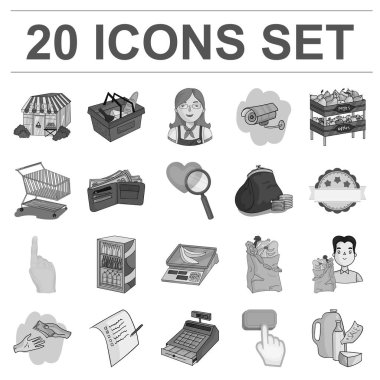 Süpermarket ve ekipman tek renkli simgeler set koleksiyonu tasarım için. Satınalma ürünleri vektör simge stok web şekil.