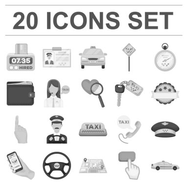 Set koleksiyonu tasarım için hizmet tek renkli simgeler taksi. Taksi şoförü ve ulaşım vektör simge stok web çizim.