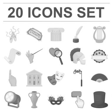 Tiyatro sanat set koleksiyonu tasarım için tek renkli simgeler. Tiyatro donanımları ve aksesuarları sembol stok web illüstrasyon vektör.