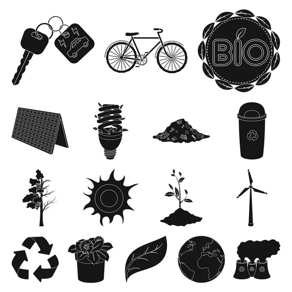 Bio a ekologie černé ikony v nastavení kolekce pro design. Ekologicky čistý výrobek vektor symbol akcií web ilustrace. — Stockový vektor