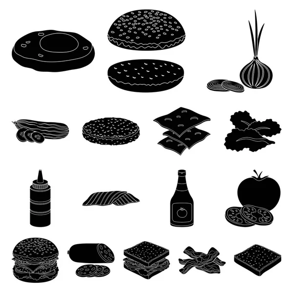 Burgare och ingredienser svart ikoner i set samling för design. Burger matlagning vektor symbol lager web illustration. — Stock vektor